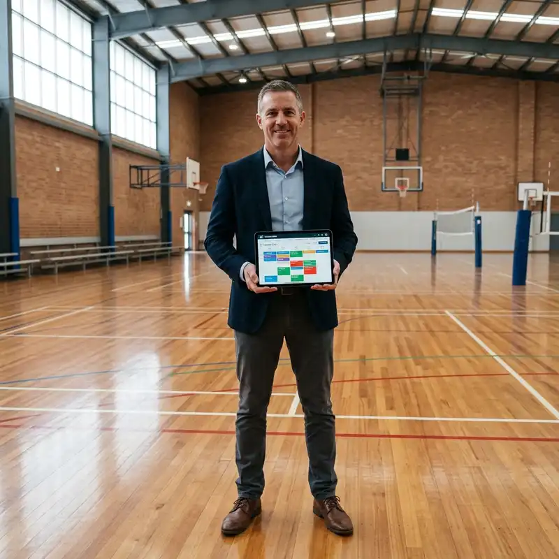 Venue manager holding calendar synced tablet in sports hall